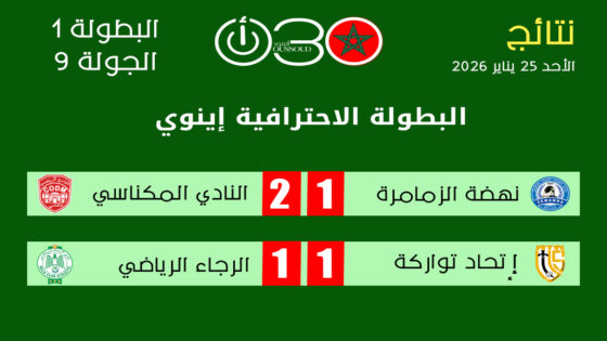 البطولة الاحترافية “إنوي” ـ القسم الأول : نتائج الجولة 9 ـ الأحد 25 يناير 2026