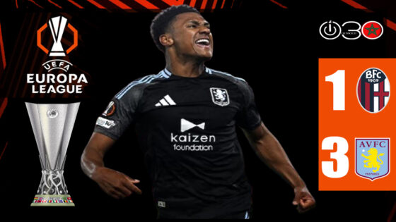 أولي واتكينز لاعب أستون فيلا يحتفل بتسجيله الهدف الثالث أمام بولونيا